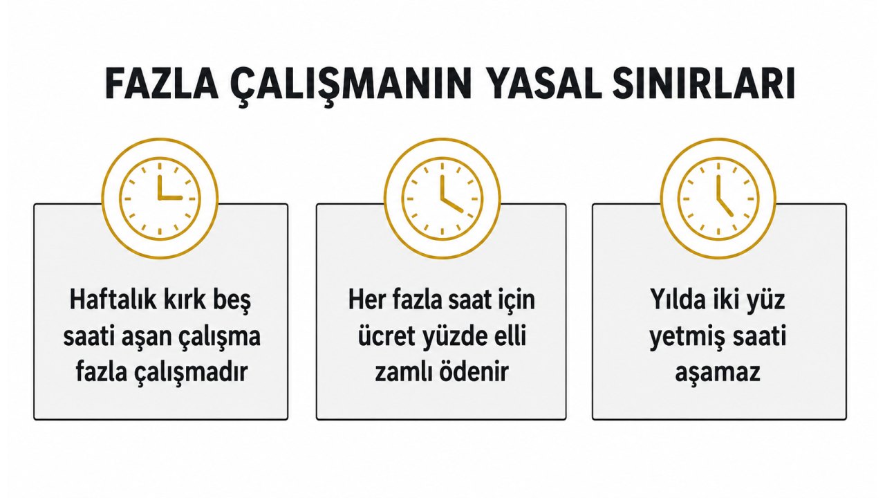 Fazla çalışmanın yasal sınırları: haftalık kırk beş saati aşan çalışma fazla çalışmadır, her fazla saat için ücret yüzde elli zamlı ödenir