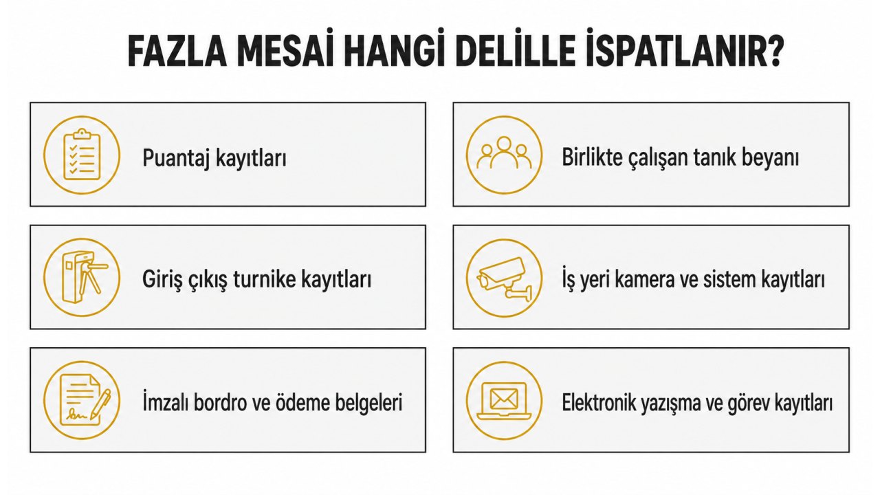 Fazla mesai hangi delille ispatlanır: puantaj kayıtları, giriş çıkış turnike kayıtları, imzalı bordro ve ödeme belgeleri, birlikte çalışan tanık beyanı