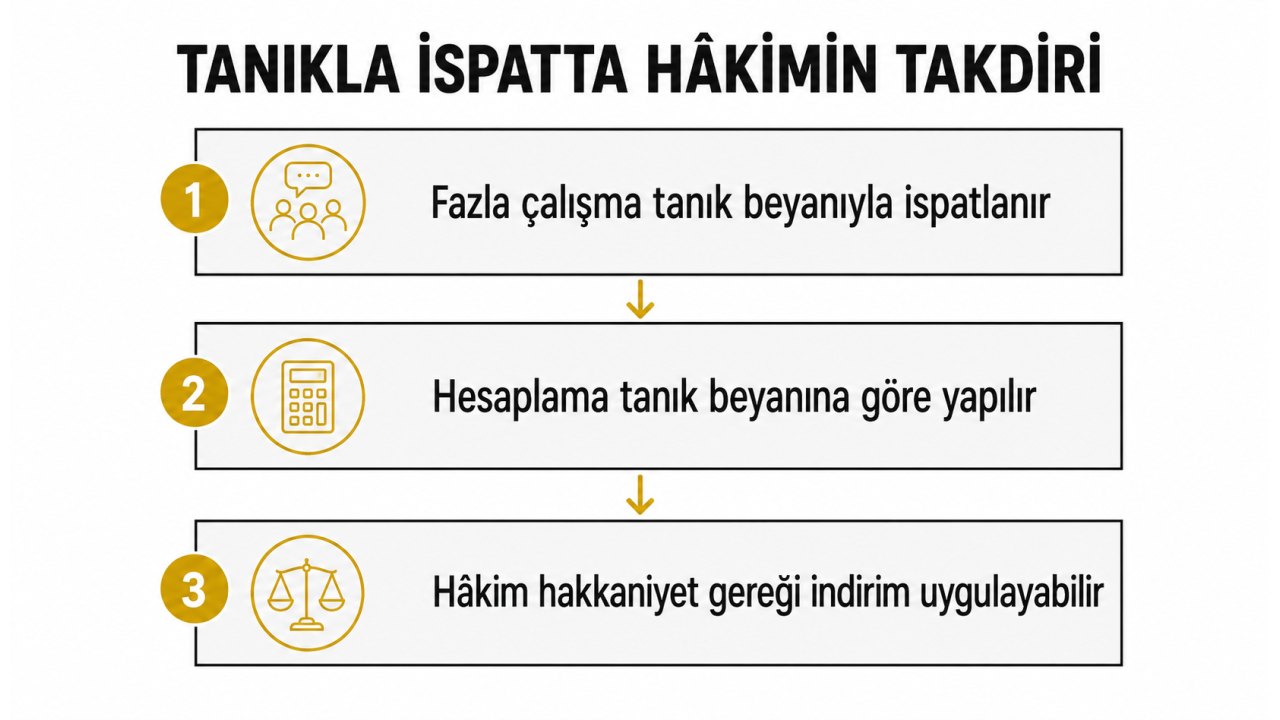 Tanıkla ispatta hâkimin takdiri: fazla çalışma tanık beyanıyla ispatlanır, hesaplama tanık beyanına göre yapılır, hâkim hakkaniyet gereği indirim uygulayabilir