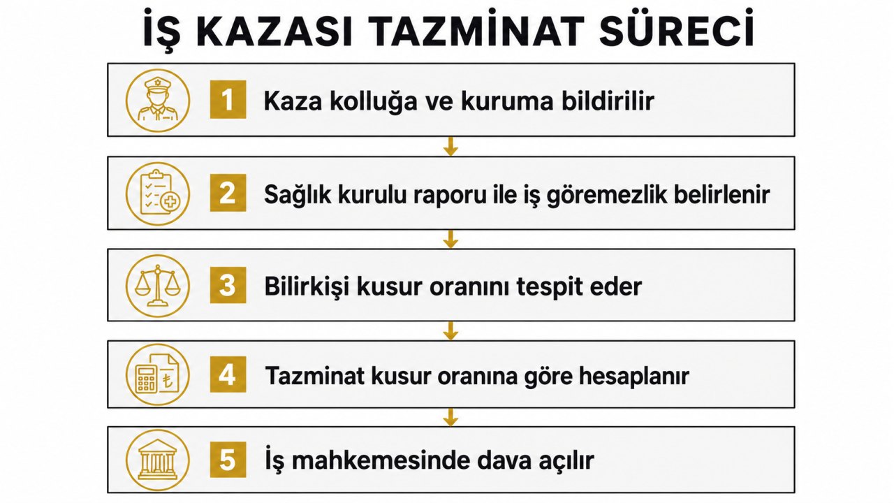 İş kazası tazminat süreci: kaza kolluğa ve kuruma bildirilir, sağlık kurulu raporu ile iş göremezlik belirlenir, bilirkişi kusur oranını tespit eder