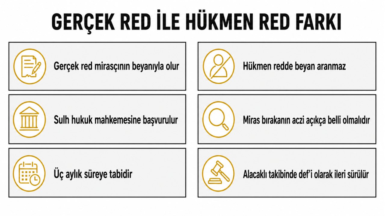 Gerçek red ile hükmen red farkı: gerçek red mirasçının beyanıyla olur, sulh hukuk mahkemesine başvurulur, üç aylık süreye tabidir, hükmen redde beyan aranmaz