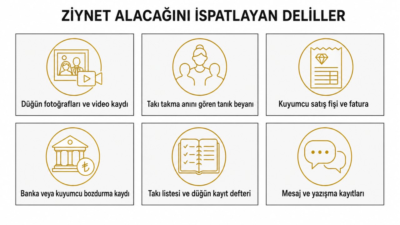 Ziynet alacağını ispatlayan deliller: düğün fotoğrafları ve video kaydı, takı takma anını gören tanık beyanı, kuyumcu satış fişi ve fatura