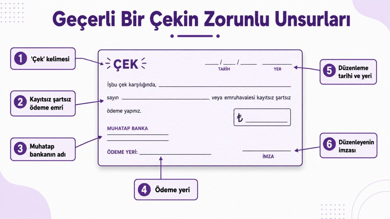 Çekin zorunlu unsurları: çek kelimesi, kayıtsız şartsız ödeme emri, muhatap banka adı, ödeme yeri, düzenleme tarihi ve yeri, düzenleyenin imzası