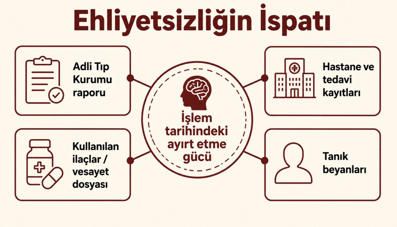 Ehliyetsizlik nedeniyle tapu iptalinde ayırt etme gücünün ispatı: işlem tarihindeki sağlık durumu, Adli Tıp raporu, hastane kayıtları, kullanılan ilaçlar ve tanık beyanları