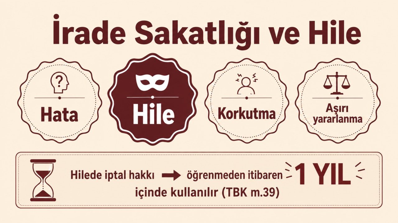 Hile nedeniyle tapu iptali: irade fesadı türleri hata, hile, korkutma ve aşırı yararlanma; hilede iptal hakkı öğrenmeden itibaren 1 yıl içinde kullanılır