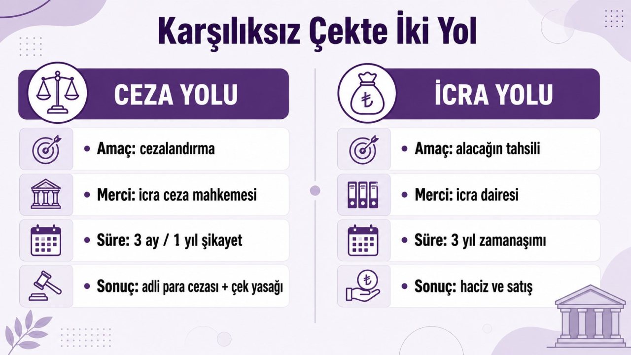 Karşılıksız çekte ceza yolu ile icra yolunun karşılaştırması: amaç, merci, süre ve sonuç bakımından farkları