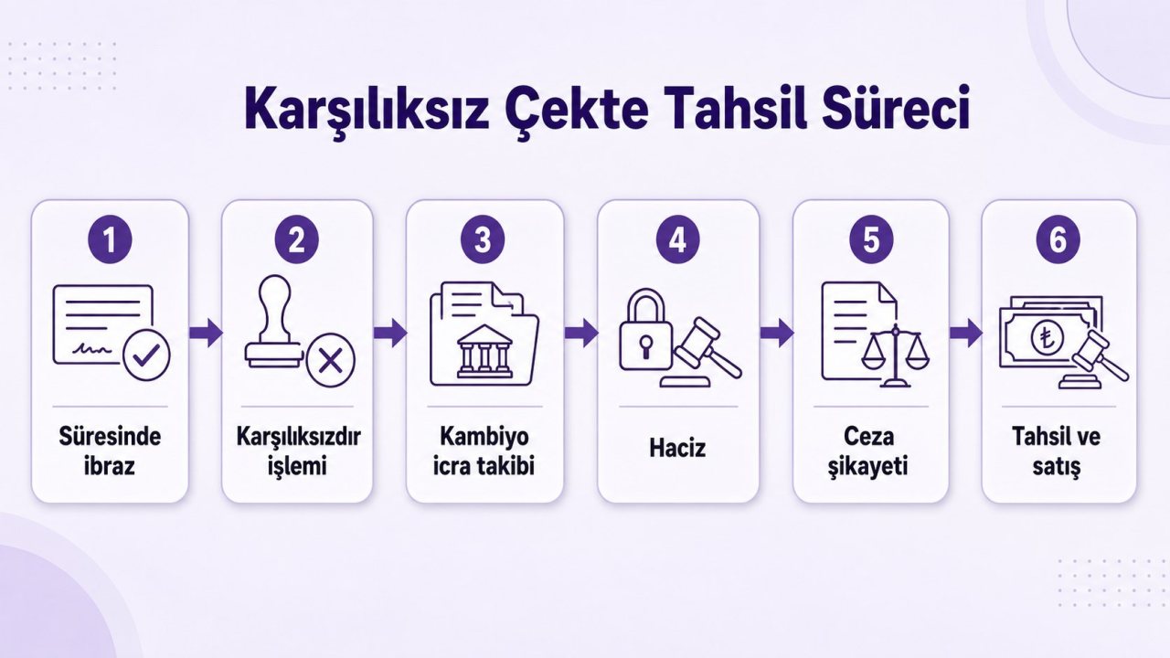 Karşılıksız çek tahsil süreci adımları: süresinde ibraz, karşılıksızdır işlemi, kambiyo icra takibi, haciz, ceza şikayeti ve tahsil-satış