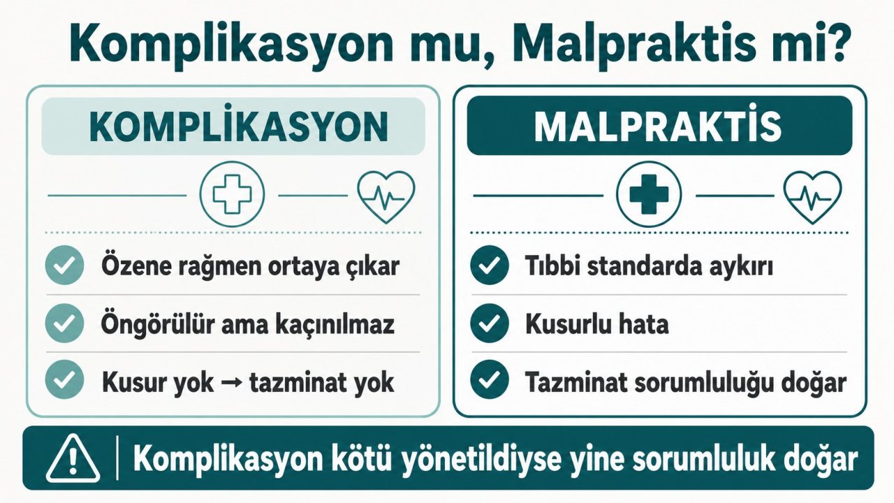 Komplikasyon ile malpraktis farkı: komplikasyon özene rağmen kaçınılmaz ve kusursuz, malpraktis tıbbi standarda aykırı ve kusurlu; komplikasyon yönetimi kötüyse sorumluluk doğar