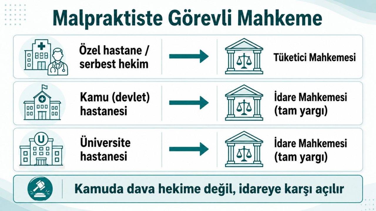 Malpraktis davasında görevli mahkeme: özel hastane ve serbest hekimde tüketici mahkemesi, kamu ve üniversite hastanesinde idare mahkemesinde tam yargı davası