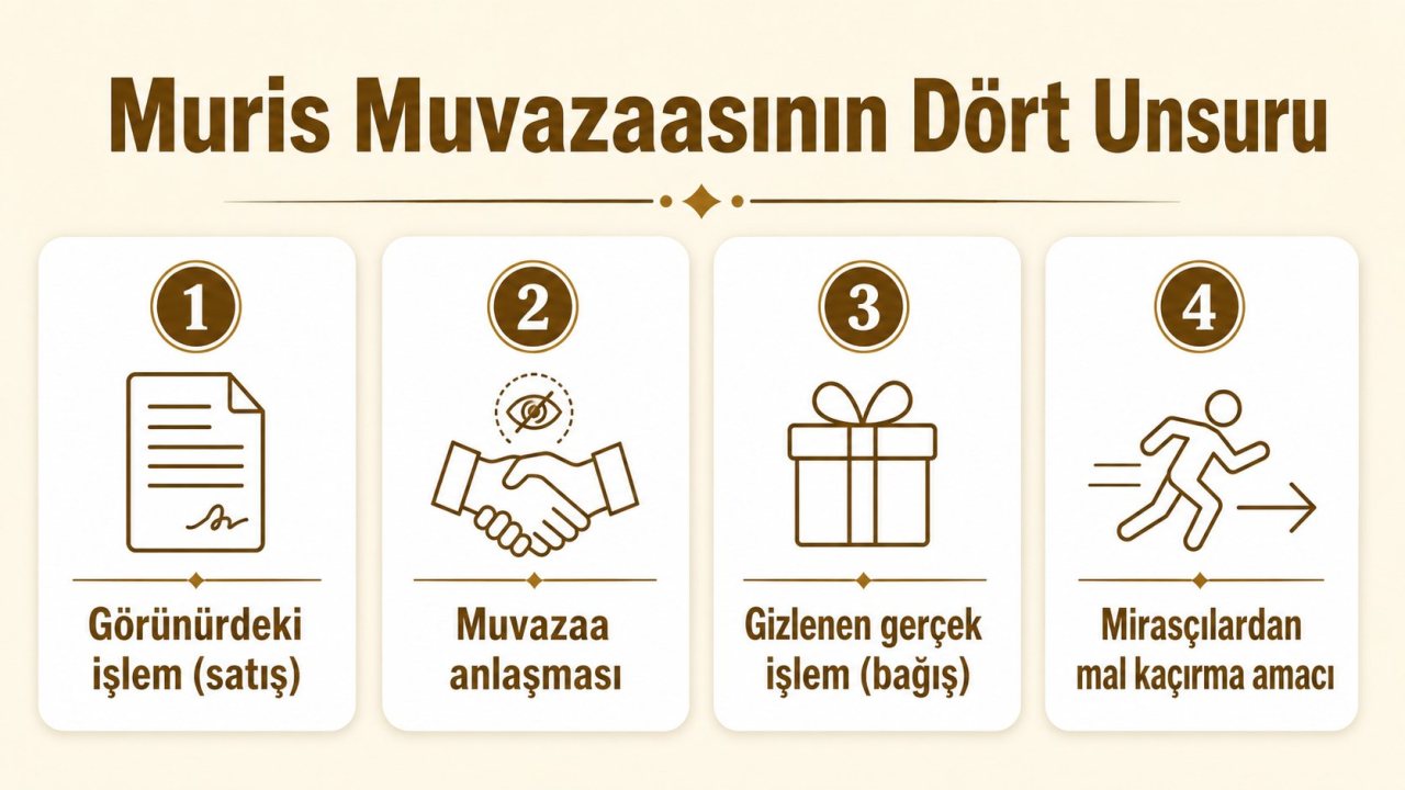 Muris muvazaasının dört unsuru: görünürdeki işlem (satış), muvazaa anlaşması, gizlenen bağış ve mirasçılardan mal kaçırma amacı