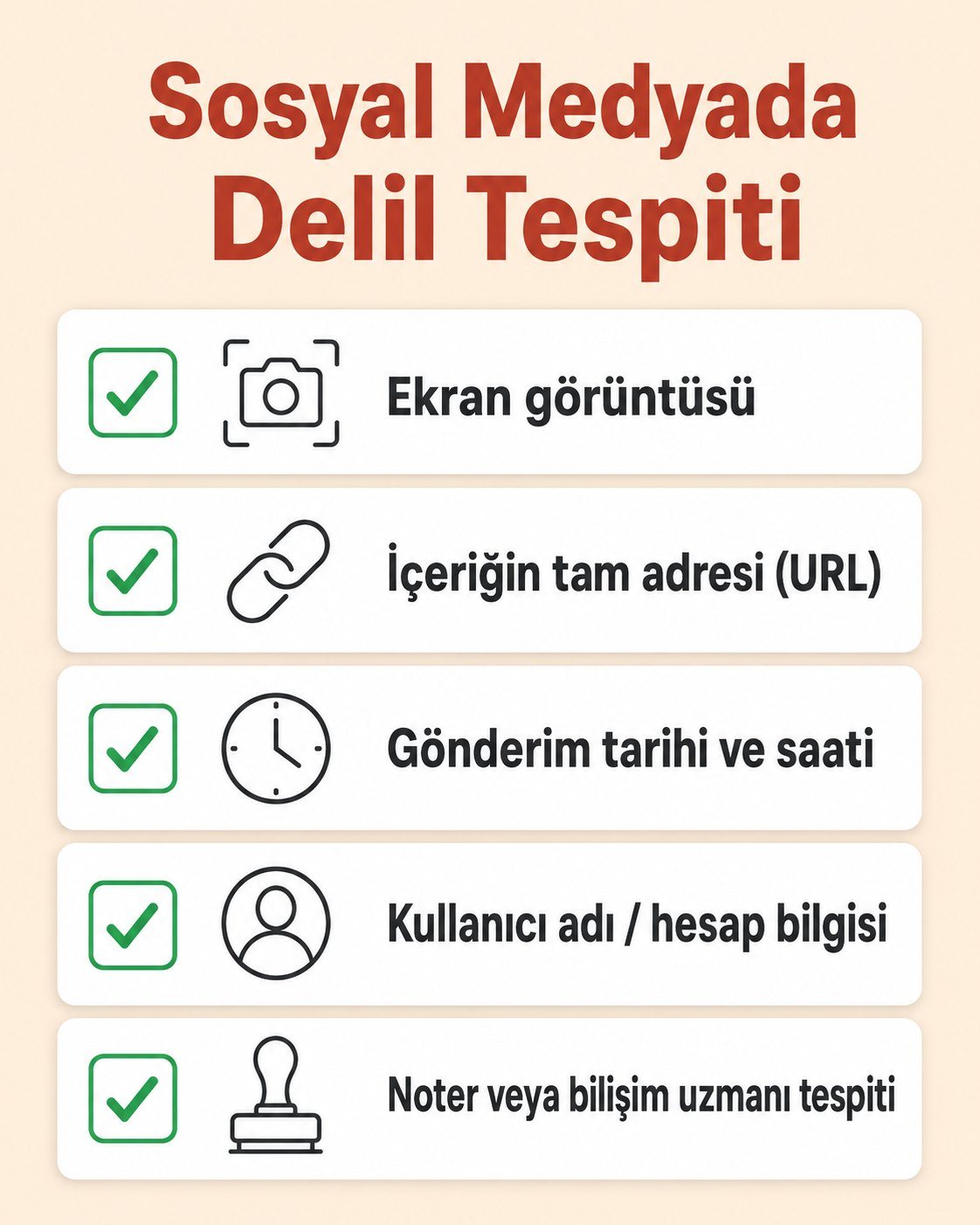 Sosyal medyada delil tespiti kontrol listesi: ekran görüntüsü, içeriğin tam adresi URL, gönderim tarihi ve saati, kullanıcı adı, noter veya bilişim uzmanı tespiti