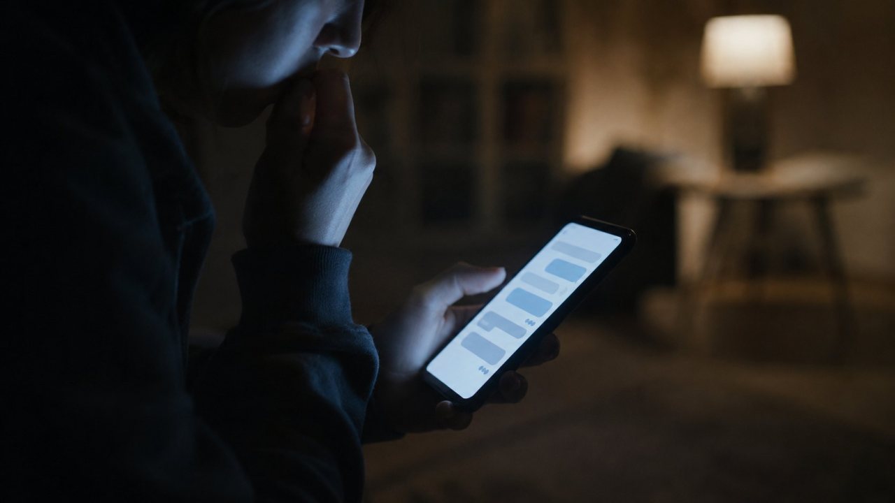 Telefon ekranında hakaret ve tehdit içerikli mesajları gören endişeli bir kişi