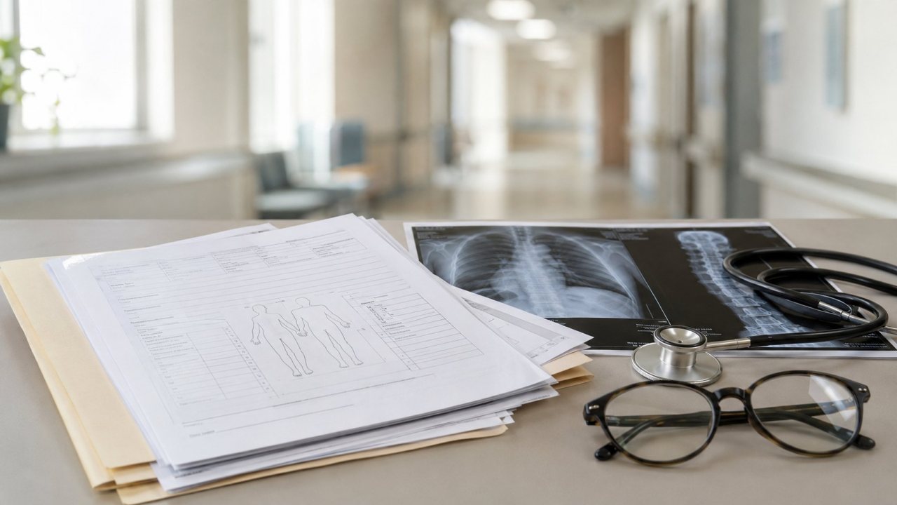 Tıbbi malpraktis davasında ispat: hasta dosyası, görüntüleme kayıtları, onam formları ve stetoskop ile temsil edilen klinik belgeler